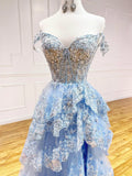 Blue Tulle Sequins Long Prom Dress, Beautiful Off Shoulder Evening Dress HZ1024
