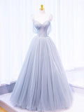 Gray Spaghetti Strap Tulle Long Prom Dress, Gray A-Line Evening Party Dress HZ1024