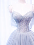 Gray Spaghetti Strap Tulle Long Prom Dress, Gray A-Line Evening Party Dress HZ1024