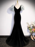 Black Velvet Long Prom Dress, Mermaid Evening Party Dress with Bow HZ1024