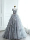 Gray Strapless Tulle Lace Long Prom Dress, A-Line Evening Party Dress HZ1024