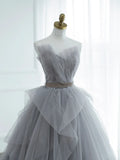 Gray Strapless Tulle Lace Long Prom Dress, A-Line Evening Party Dress HZ1024