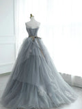 Gray Strapless Tulle Lace Long Prom Dress, A-Line Evening Party Dress HZ1024