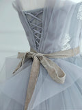 Gray Strapless Tulle Lace Long Prom Dress, A-Line Evening Party Dress HZ1024