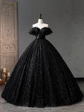 Black Tulle Long A-Line Prom Dress, Shiny Off Shoulder Evening Dress HZ1024