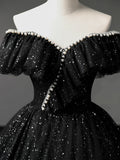 Black Tulle Long A-Line Prom Dress, Shiny Off Shoulder Evening Dress HZ1024