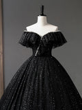 Black Tulle Long A-Line Prom Dress, Shiny Off Shoulder Evening Dress HZ1024
