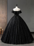 Black Tulle Long A-Line Prom Dress, Shiny Off Shoulder Evening Dress HZ1024