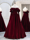 Burgundy Velvet Long Formal Dress, Elegant Long Sleeve A-Line Prom Dress HZ1024