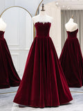Burgundy Velvet Long Formal Dress, Elegant Long Sleeve A-Line Prom Dress HZ1024