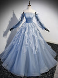 Blue Strapless Tulle Long Prom Dress, Chic A-Line Formal Dress with Long Sleeves HZ1024