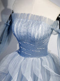 Blue Strapless Tulle Long Prom Dress, Chic A-Line Formal Dress with Long Sleeves HZ1024