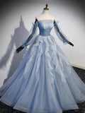 Blue Strapless Tulle Long Prom Dress, Chic A-Line Formal Dress with Long Sleeves HZ1024