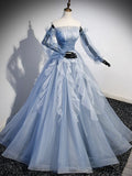 Blue Strapless Tulle Long Prom Dress, Chic A-Line Formal Dress with Long Sleeves HZ1024