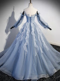 Blue Strapless Tulle Long Prom Dress, Chic A-Line Formal Dress with Long Sleeves HZ1024