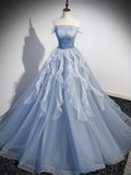 Blue Strapless Tulle Long Prom Dress, Chic A-Line Formal Dress with Long Sleeves HZ1024