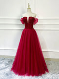 Burgundy Tulle Beaded Long Formal Dress, Off Shoulder Evening Party Dress HZ1024