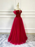 Burgundy Tulle Beaded Long Formal Dress, Off Shoulder Evening Party Dress HZ1024