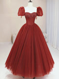 Burgundy Tulle Beaded Long Prom Dress, A-Line Short Sleeve Formal Dress HZ1024