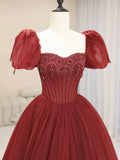 Burgundy Tulle Beaded Long Prom Dress, A-Line Short Sleeve Formal Dress HZ1024