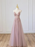 Pink V-Neck Tulle Long Prom Dress with Beaded, Pink Spaghetti Strap Evening Dress HZ1024
