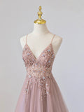 Pink V-Neck Tulle Long Prom Dress with Beaded, Pink Spaghetti Strap Evening Dress HZ1024