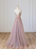 Pink V-Neck Tulle Long Prom Dress with Beaded, Pink Spaghetti Strap Evening Dress HZ1024