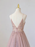 Pink V-Neck Tulle Long Prom Dress with Beaded, Pink Spaghetti Strap Evening Dress HZ1024