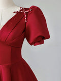Burgundy V-Neck Satin Long Prom Dress, Burgundy Formal Evening Dress HZ1024