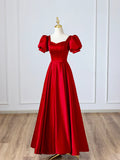 Red Satin Long Prom Dress, Simple A-Line Short Sleeve Evening Party Dress HZ1024