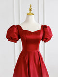 Red Satin Long Prom Dress, Simple A-Line Short Sleeve Evening Party Dress HZ1024