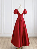 Red Satin Long Prom Dress, Simple A-Line Short Sleeve Evening Party Dress HZ1024