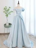 Blue Satin Tulle Long Prom Dress, Off Shoulder Formal Evening Dress HZ1024