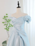 Blue Satin Tulle Long Prom Dress, Off Shoulder Formal Evening Dress HZ1024