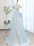 Blue Satin Tulle Long Prom Dress, Off Shoulder Formal Evening Dress HZ1024
