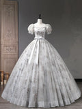 Gray Tulle Sequins Long Prom Dress, A-Line Short Sleeve Evening Dress HZ1024