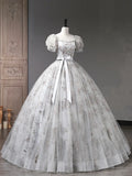 Gray Tulle Sequins Long Prom Dress, A-Line Short Sleeve Evening Dress HZ1024