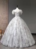 Gray Tulle Sequins Long Prom Dress, A-Line Short Sleeve Evening Dress HZ1024