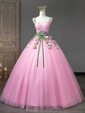 Pink Tulle Flower Long Prom Dresses, Lovely Spaghetti Formal Dresses Sweet 16 Dresses HZ1024