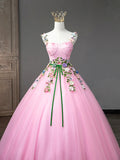 Pink Tulle Flower Long Prom Dresses, Lovely Spaghetti Formal Dresses Sweet 16 Dresses HZ1024