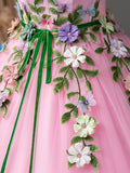 Pink Tulle Flower Long Prom Dresses, Lovely Spaghetti Formal Dresses Sweet 16 Dresses HZ1024