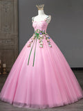 Pink Tulle Flower Long Prom Dresses, Lovely Spaghetti Formal Dresses Sweet 16 Dresses HZ1024