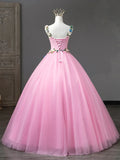 Pink Tulle Flower Long Prom Dresses, Lovely Spaghetti Formal Dresses Sweet 16 Dresses HZ1024