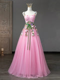 Pink Tulle Flower Long Prom Dresses, Lovely Spaghetti Formal Dresses Sweet 16 Dresses HZ1024