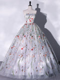 Lovely Strapless Floral Tulle Long Prom Dress, Gray A-Line Evening Party Dress HZ1024