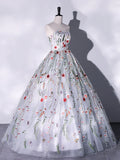 Lovely Strapless Floral Tulle Long Prom Dress, Gray A-Line Evening Party Dress HZ1024