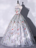 Lovely Strapless Floral Tulle Long Prom Dress, Gray A-Line Evening Party Dress HZ1024