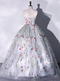 Lovely Strapless Floral Tulle Long Prom Dress, Gray A-Line Evening Party Dress HZ1024