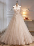 Spaghetti Strap Tulle Champagne Long Prom Dress, Champagne Evening Party Dress HZ1024