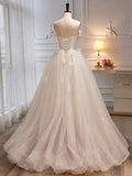 Spaghetti Strap Tulle Champagne Long Prom Dress, Champagne Evening Party Dress HZ1024